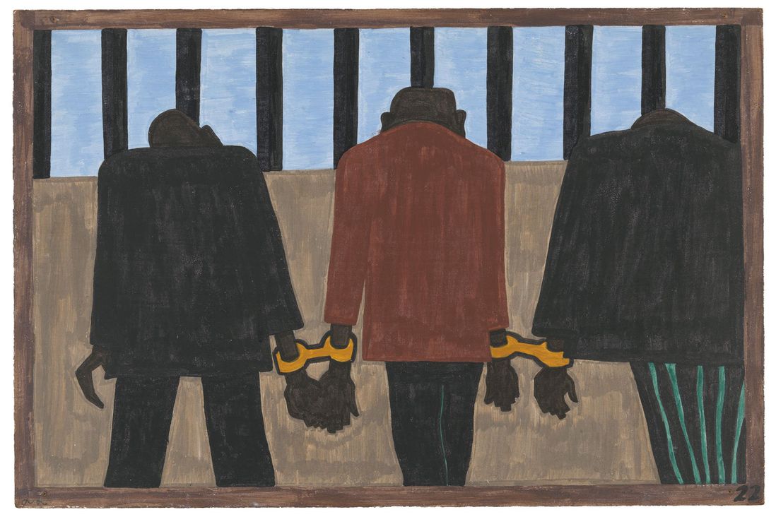 Jacob Lawrence. The Migration Series. 1940-41. Panel 22: "Another of the social causes of the migrants' leaving was that at times they did not feel safe, or it was not the best thing to be found on the streets late at night. They were arrested on the slightest provocation." (The Jacob and Gwendolyn Knight Lawrence Foundation, Seattle / Artists Rights Society (ARS), New York)